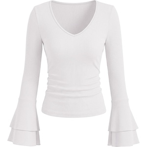 image:imageANRABESS Long Sleeve Shirt for Women V Neck Ribbed Knit Tops  Soft Slim Fit Double Layers Bell Sleeve Ruched Blouses Fashion Going out Tshirts Dressy Casual Fall Winter ClothesWhite
