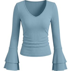 image:imageANRABESS Long Sleeve Shirt for Women V Neck Ribbed Knit Tops  Soft Slim Fit Double Layers Bell Sleeve Ruched Blouses Fashion Going out Tshirts Dressy Casual Fall Winter ClothesGrey Blue