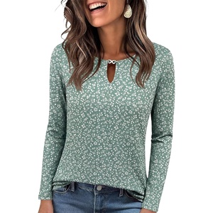 image:imageANRABESS Long Sleeve Shirts for Women Metal Keyhole Neck Tops  Solid amp Floral Print Basic TeeSoft Regular Fit Blouses for Office Business WorkCasual Daily Wear Spring amp FallFloral Green