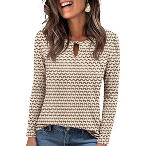 image:imageANRABESS Long Sleeve Shirts for Women Metal Keyhole Neck Tops  Solid amp Floral Print Basic TeeSoft Regular Fit Blouses for Office Business WorkCasual Daily Wear Spring amp FallFloral Brown