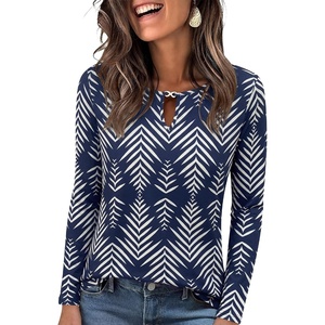 image:imageANRABESS Long Sleeve Shirts for Women Metal Keyhole Neck Tops  Solid amp Floral Print Basic TeeSoft Regular Fit Blouses for Office Business WorkCasual Daily Wear Spring amp FallFloral Dark Blue