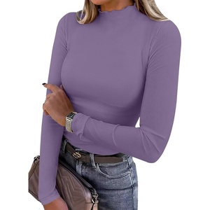 image:imageANRABESS Long Sleeve Shirts for Women Mock Neck Tops  Lettuce Trim Ribbed Knit TShirts Dressy Blouse Slim Fit Summer Tee Business Causal Outfits Fall Layer ClothingPurple