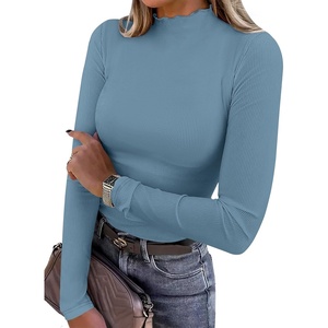 image:imageANRABESS Long Sleeve Shirts for Women Mock Neck Tops  Lettuce Trim Ribbed Knit TShirts Dressy Blouse Slim Fit Summer Tee Business Causal Outfits Fall Layer ClothingGrey Blue