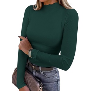 image:imageANRABESS Long Sleeve Shirts for Women Mock Neck Tops  Lettuce Trim Ribbed Knit TShirts Dressy Blouse Slim Fit Summer Tee Business Causal Outfits Fall Layer ClothingDeep Green