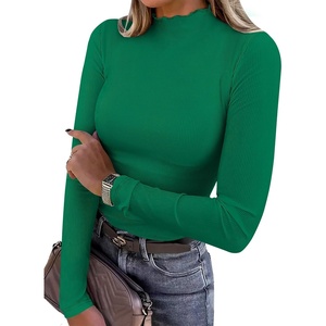 image:imageANRABESS Long Sleeve Shirts for Women Mock Neck Tops  Lettuce Trim Ribbed Knit TShirts Dressy Blouse Slim Fit Summer Tee Business Causal Outfits Fall Layer ClothingGreen