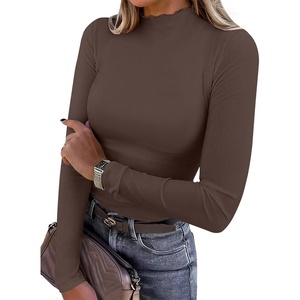 image:imageANRABESS Long Sleeve Shirts for Women Mock Neck Tops  Lettuce Trim Ribbed Knit TShirts Dressy Blouse Slim Fit Summer Tee Business Causal Outfits Fall Layer ClothingCoffee