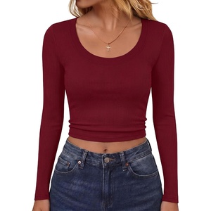 image:imageANRABESS Long Sleeve Shirts for Women Scoop Neck Crop Tops  Fitted Ribbed TShirts Comfy Soft Layering Clothing Casual Work Daily Wear Basic Tee Going Out Y2K Fall Fashion OutfitsWine Red