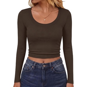 image:imageANRABESS Long Sleeve Shirts for Women Scoop Neck Crop Tops  Fitted Ribbed TShirts Comfy Soft Layering Clothing Casual Work Daily Wear Basic Tee Going Out Y2K Fall Fashion OutfitsBrown