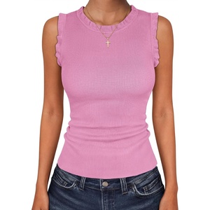 image:imageANRABESS Ribbed Tank Tops for Women Ruffle Style  Crew Neck Sleeveless Sweater Vest Business Casual Cute Shirts Comfort Breathable SkinFriendly OutfitsPink