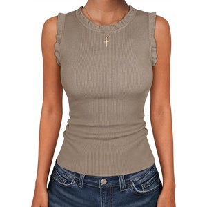 image:imageANRABESS Ribbed Tank Tops for Women Ruffle Style  Crew Neck Sleeveless Sweater Vest Business Casual Cute Shirts Comfort Breathable SkinFriendly OutfitsTan
