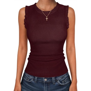 image:imageANRABESS Ribbed Tank Tops for Women Ruffle Style  Crew Neck Sleeveless Sweater Vest Business Casual Cute Shirts Comfort Breathable SkinFriendly OutfitsDeep Red