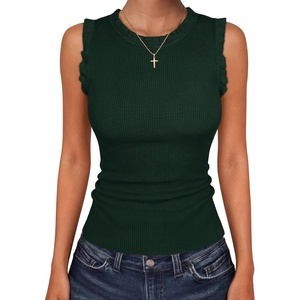 image:imageANRABESS Ribbed Tank Tops for Women Ruffle Style  Crew Neck Sleeveless Sweater Vest Business Casual Cute Shirts Comfort Breathable SkinFriendly OutfitsDeep Green