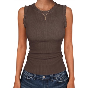 image:imageANRABESS Ribbed Tank Tops for Women Ruffle Style  Crew Neck Sleeveless Sweater Vest Business Casual Cute Shirts Comfort Breathable SkinFriendly OutfitsChocolate