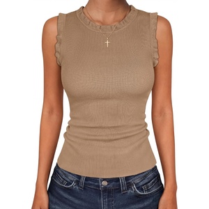 image:imageANRABESS Ribbed Tank Tops for Women Ruffle Style  Crew Neck Sleeveless Sweater Vest Business Casual Cute Shirts Comfort Breathable SkinFriendly OutfitsKhaki