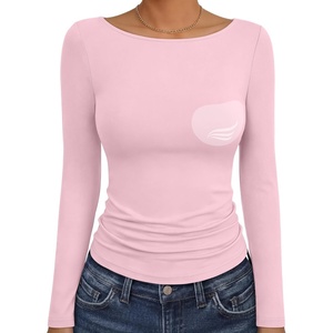 image:imageANRABESS Womens Long Sleeve Shirts Built in Bra Double Lined Top  Slim Fit Crew Neck Basic Tee Soft Comfy Breathable Casual Wear Going Out Travel Daily Spring Fall Layer Trendy OutfitsLight Pink