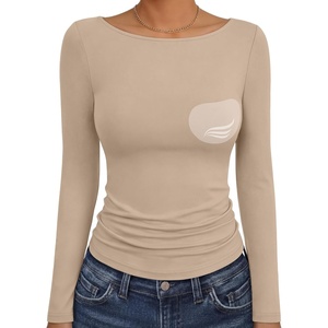 image:imageANRABESS Womens Long Sleeve Shirts Built in Bra Double Lined Top  Slim Fit Crew Neck Basic Tee Soft Comfy Breathable Casual Wear Going Out Travel Daily Spring Fall Layer Trendy OutfitsLight Khaki