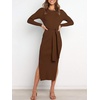 image:imageANRABESS Womens Long Sleeve Sweater Dress Crew Neck Slim Fit Slit Tie Waist 2026 Ribbed Knit Bodycon Midi Dress Fall OutfitsBrown