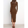 image:imageANRABESS Womens Long Sleeve Sweater Dress Crew Neck Slim Fit Slit Tie Waist 2026 Ribbed Knit Bodycon Midi Dress Fall OutfitsBrown
