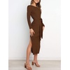 image:imageANRABESS Womens Long Sleeve Sweater Dress Crew Neck Slim Fit Slit Tie Waist 2026 Ribbed Knit Bodycon Midi Dress Fall OutfitsBrown