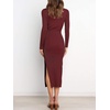 image:imageANRABESS Womens Long Sleeve Sweater Dress Crew Neck Slim Fit Slit Tie Waist 2026 Ribbed Knit Bodycon Midi Dress Fall OutfitsBurgundy