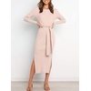 image:imageANRABESS Womens Long Sleeve Sweater Dress Crew Neck Slim Fit Slit Tie Waist 2026 Ribbed Knit Bodycon Midi Dress Fall OutfitsPink