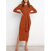 image:imageANRABESS Womens Long Sleeve Sweater Dress Crew Neck Slim Fit Slit Tie Waist 2026 Ribbed Knit Bodycon Midi Dress Fall OutfitsRust
