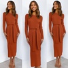 image:imageANRABESS Womens Long Sleeve Sweater Dress Crew Neck Slim Fit Slit Tie Waist 2026 Ribbed Knit Bodycon Midi Dress Fall OutfitsRust
