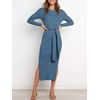 image:imageANRABESS Womens Long Sleeve Sweater Dress Crew Neck Slim Fit Slit Tie Waist 2026 Ribbed Knit Bodycon Midi Dress Fall OutfitsTeal