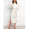 image:imageANRABESS Womens Long Sleeve Sweater Dress Crew Neck Slim Fit Slit Tie Waist 2026 Ribbed Knit Bodycon Midi Dress Fall OutfitsWhite