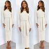image:imageANRABESS Womens Long Sleeve Sweater Dress Crew Neck Slim Fit Slit Tie Waist 2026 Ribbed Knit Bodycon Midi Dress Fall OutfitsWhite
