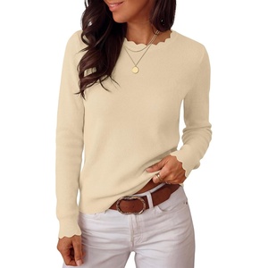 image:imageANRABESS Long Sleeve Sweaters for Women Scalloped Crew Neck  Pullover Waffle Knit Lightweight Cozy Dressy Casual Work Basic Classic Cute Sweater Tops Fall Winter ClothingParchment