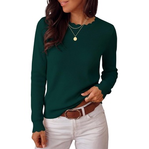 image:imageANRABESS Long Sleeve Sweaters for Women Scalloped Crew Neck  Pullover Waffle Knit Lightweight Cozy Dressy Casual Work Basic Classic Cute Sweater Tops Fall Winter ClothingDark Green