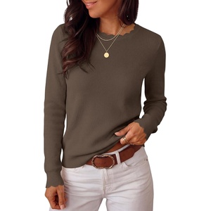 image:imageANRABESS Long Sleeve Sweaters for Women Scalloped Crew Neck  Pullover Waffle Knit Lightweight Cozy Dressy Casual Work Basic Classic Cute Sweater Tops Fall Winter ClothingNutmeg