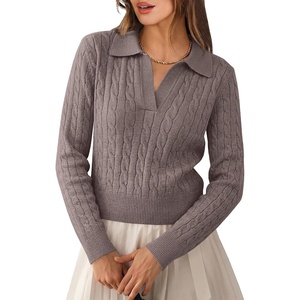 image:imageANRABESS Sweaters for Women Long Sleeve Cropped Polo Shirts  Cable Knit V Neck Collared Pullover Sweater Top Soft Business Casual Work Clothes Daily Wear Casual Fall Winter OutfitsPink Apricot