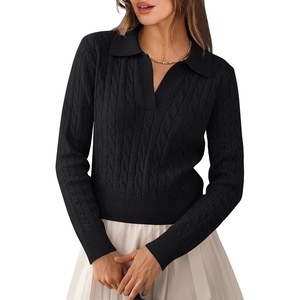 image:imageANRABESS Sweaters for Women Long Sleeve Cropped Polo Shirts  Cable Knit V Neck Collared Pullover Sweater Top Soft Business Casual Work Clothes Daily Wear Casual Fall Winter OutfitsBlack