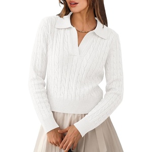 image:imageANRABESS Sweaters for Women Long Sleeve Cropped Polo Shirts  Cable Knit V Neck Collared Pullover Sweater Top Soft Business Casual Work Clothes Daily Wear Casual Fall Winter OutfitsWhite