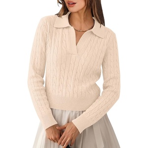 image:imageANRABESS Sweaters for Women Long Sleeve Cropped Polo Shirts  Cable Knit V Neck Collared Pullover Sweater Top Soft Business Casual Work Clothes Daily Wear Casual Fall Winter OutfitsParchment