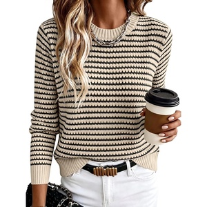 image:imageANRABESS Women Long Sleeve Striped Sweater Top  Crochet Knit Crew Neck Pullover Comfy Soft Clothing Casual Daily Wear Work Travel amp Vacation Fall Spring Trendy OutfitsApricot Black