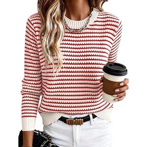 image:imageANRABESS Women Long Sleeve Striped Sweater Top  Crochet Knit Crew Neck Pullover Comfy Soft Clothing Casual Daily Wear Work Travel amp Vacation Fall Spring Trendy OutfitsWhite Red