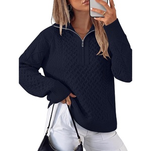 image:imageANRABESS Womens Cable Knit Quarter Zip Pullover Sweaters  Long Sleeve V Neck Collared Cozy Warm Loose Tops Business Casual Work Office Daily Wear 2026 Fall Winter Fashion OutfitsNavy Blue