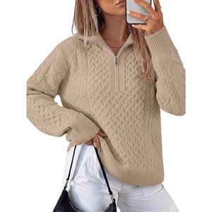 image:imageANRABESS Womens Cable Knit Quarter Zip Pullover Sweaters  Long Sleeve V Neck Collared Cozy Warm Loose Tops Business Casual Work Office Daily Wear 2026 Fall Winter Fashion OutfitsTan