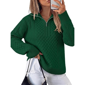 image:imageANRABESS Womens Cable Knit Quarter Zip Pullover Sweaters  Long Sleeve V Neck Collared Cozy Warm Loose Tops Business Casual Work Office Daily Wear 2026 Fall Winter Fashion OutfitsGreen