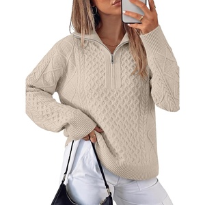 image:imageANRABESS Womens Cable Knit Quarter Zip Pullover Sweaters  Long Sleeve V Neck Collared Cozy Warm Loose Tops Business Casual Work Office Daily Wear 2026 Fall Winter Fashion OutfitsAlmond