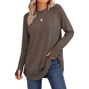 image:imageANRABESS Womens Long Sleeve Lightweight Pullover Sweaters  Casual Loose Fit Shirts Crew Neck Thumb Hole Tops Going Out Travel AllDay Wear Fall Winter Layering ClothesNutmeg