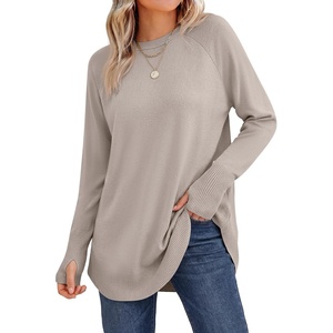 image:imageANRABESS Womens Long Sleeve Lightweight Pullover Sweaters  Casual Loose Fit Shirts Crew Neck Thumb Hole Tops Going Out Travel AllDay Wear Fall Winter Layering ClothesGray Apricot