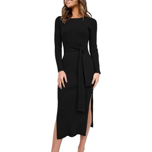 image:imageANRABESS Womens Long Sleeve Sweater Dress Crew Neck Slim Fit Slit Tie Waist 2026 Ribbed Knit Bodycon Midi Dress Fall OutfitsBlack