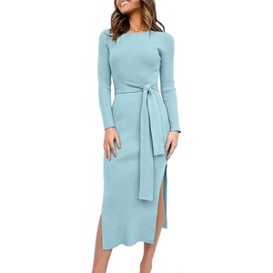 image:imageANRABESS Womens Long Sleeve Sweater Dress Crew Neck Slim Fit Slit Tie Waist 2026 Ribbed Knit Bodycon Midi Dress Fall OutfitsBlue