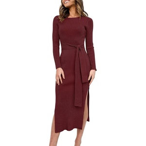 image:imageANRABESS Womens Long Sleeve Sweater Dress Crew Neck Slim Fit Slit Tie Waist 2026 Ribbed Knit Bodycon Midi Dress Fall OutfitsBurgundy