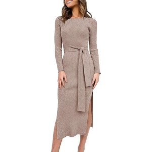 image:imageANRABESS Womens Long Sleeve Sweater Dress Crew Neck Slim Fit Slit Tie Waist 2026 Ribbed Knit Bodycon Midi Dress Fall OutfitsCamel
