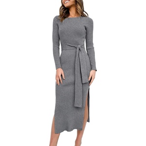 image:imageANRABESS Womens Long Sleeve Sweater Dress Crew Neck Slim Fit Slit Tie Waist 2026 Ribbed Knit Bodycon Midi Dress Fall OutfitsDark Grey